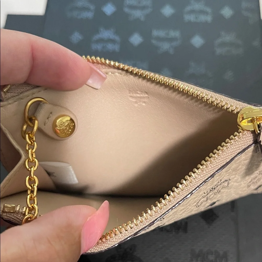MCM Tan Monogram Key Holder with Gold Chain